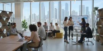 Diverse digital nomads collaborating in a modern co-working space overlooking a city skyline, symbolizing evolving American work culture.