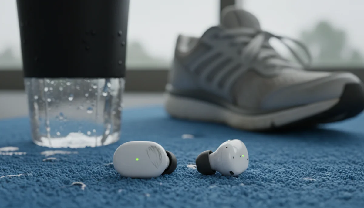 Durable wireless earbuds after intense workout, showing minimal wear.