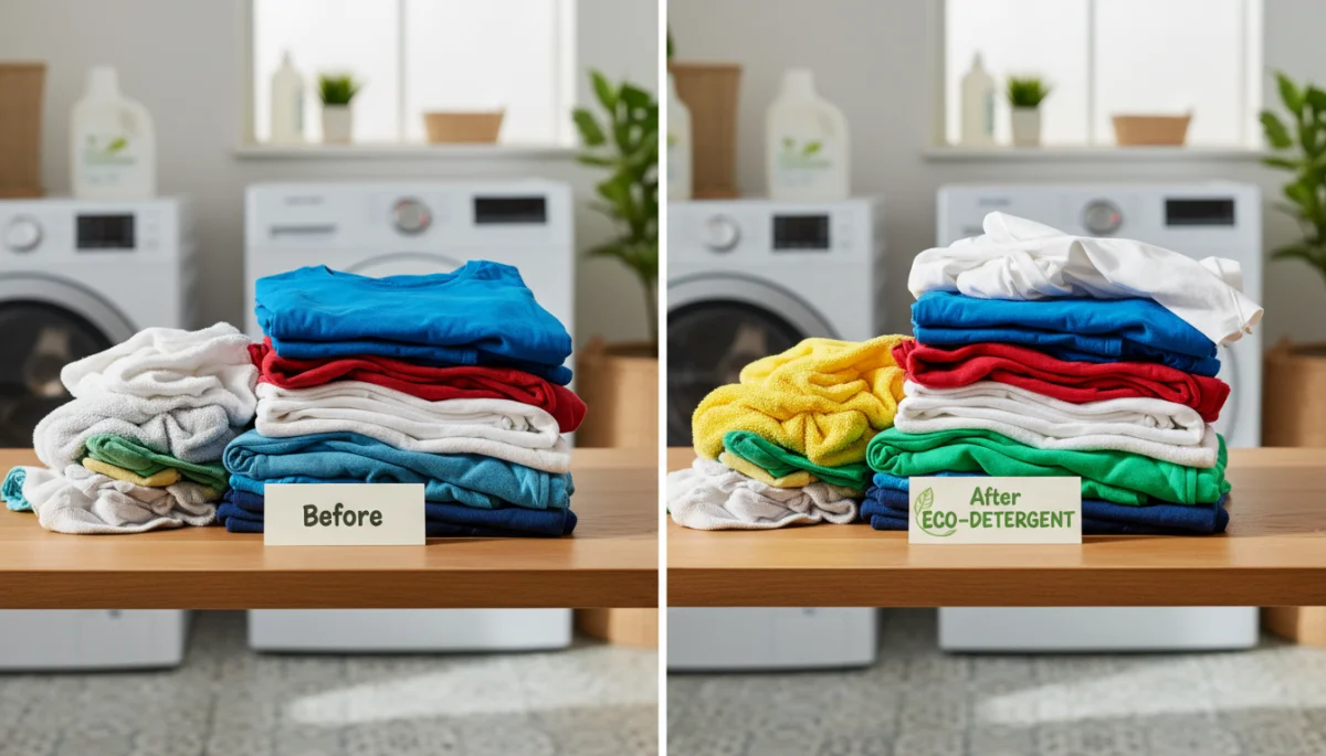 Comparison of clothes washed with eco-friendly detergent versus unwashed clothes, highlighting cleanliness.