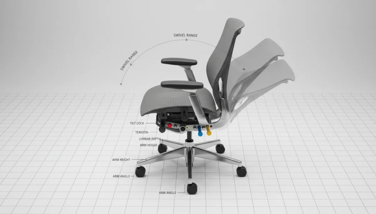 Ergonomic office chair showcasing full adjustability and range of motion