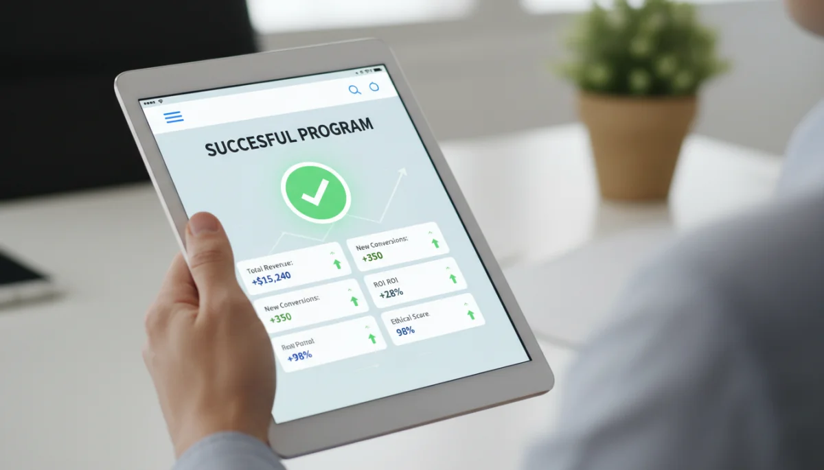 Affiliate marketing dashboard showing positive results for an ethical program.