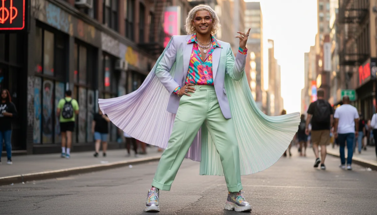 Man in colorful, gender-fluid fashion embodying expressive style trends