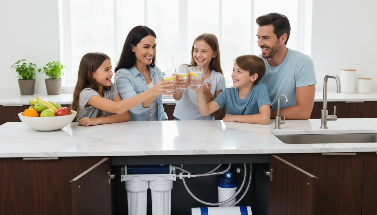 Family drinking clean water in kitchen, under-sink water filter system in background.