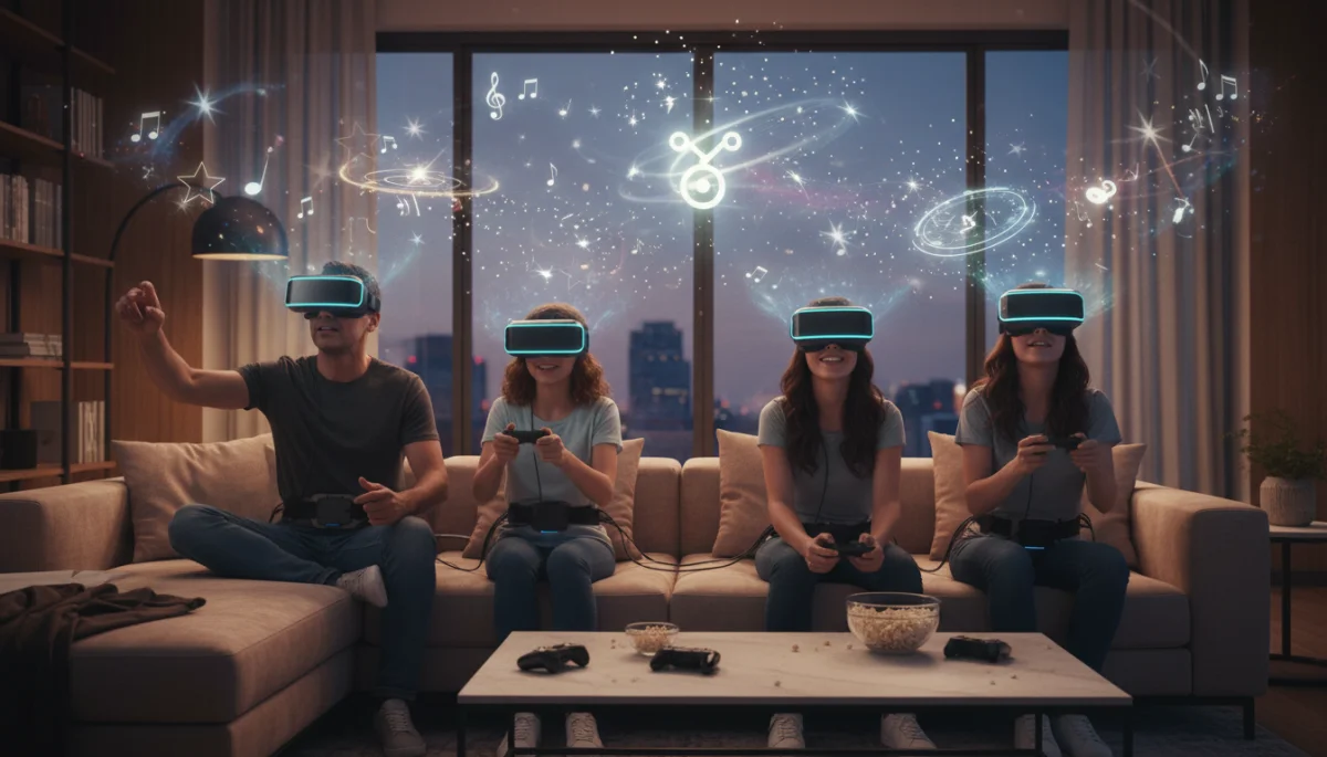 Family engaging in a shared virtual reality experience in their living room.