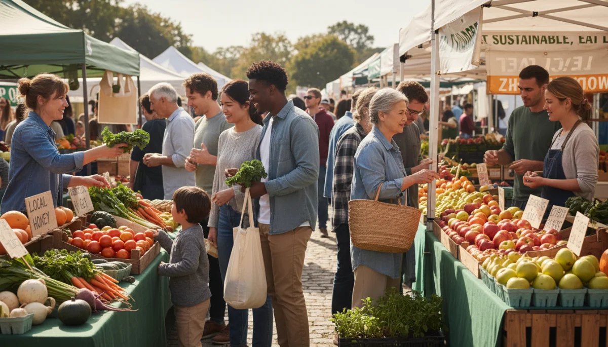 Bustling farmers market with local, organic, and sustainable produce