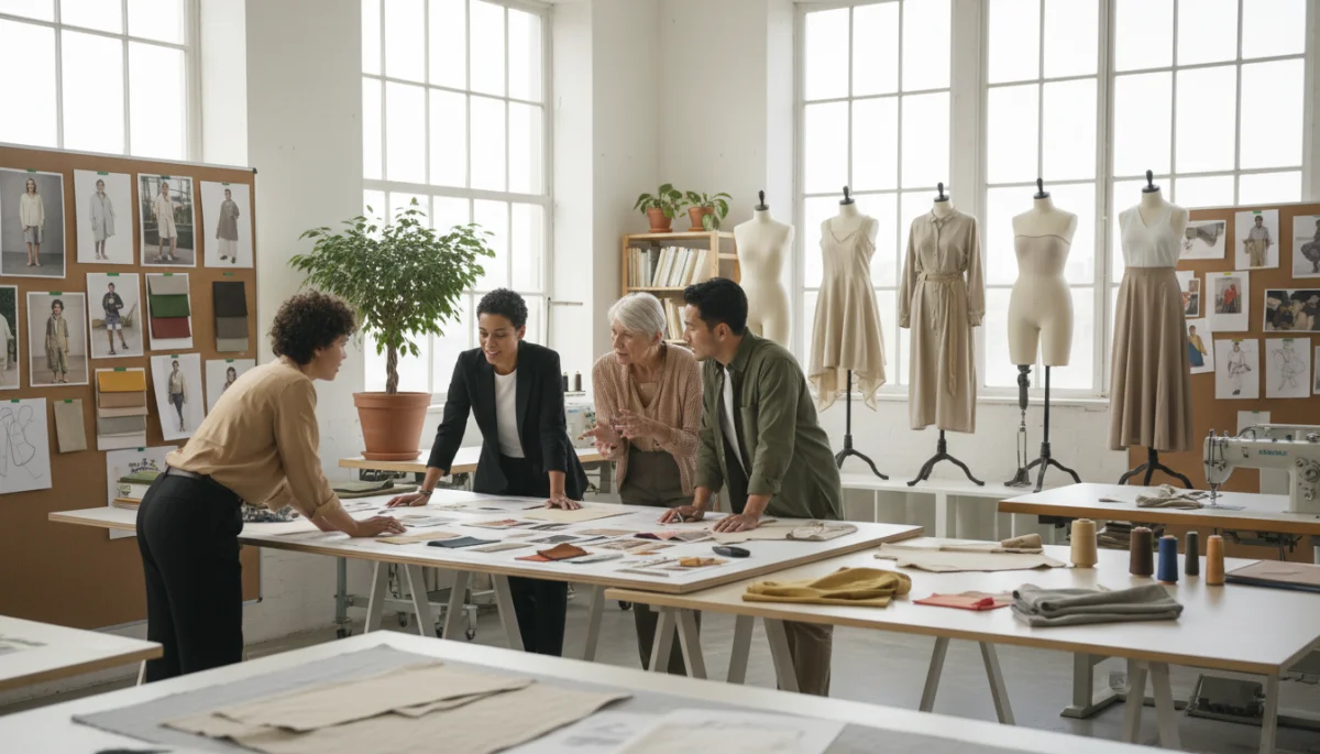 Fashion designers collaborating on adaptive and sustainable designs for diverse body types
