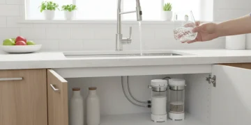 Modern kitchen with clear filtered water flowing from faucet, sleek water filter system visible.