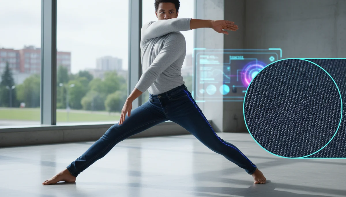 Person stretching in flexible, comfortable denim jeans, demonstrating enhanced mobility.
