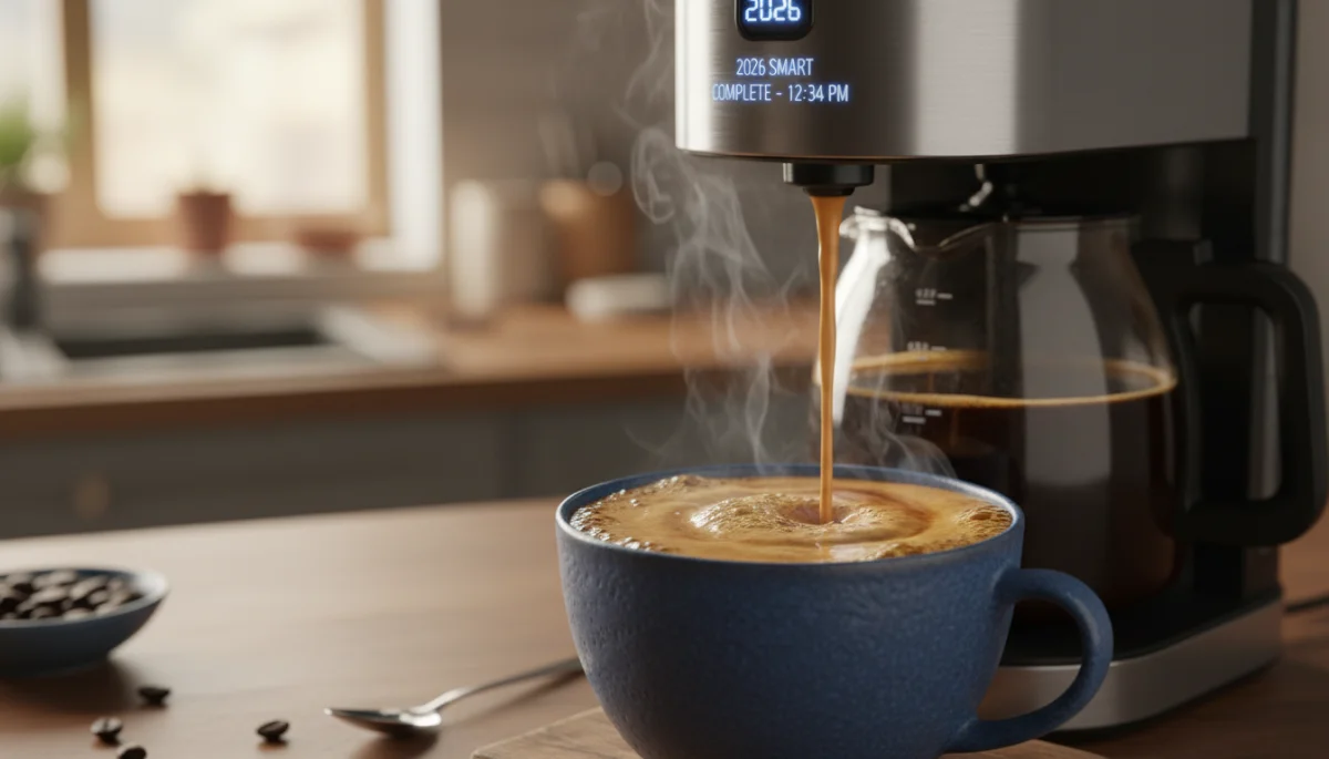 Freshly brewed coffee pouring from the 2026 Smart Coffee Maker
