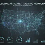 Futuristic digital interface with affiliate tracking data and US map overlay