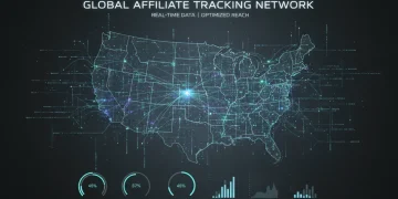 Futuristic digital interface with affiliate tracking data and US map overlay