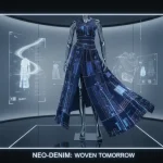 Futuristic denim fabric with subtle tech integration, draped on a mannequin in a modern store.
