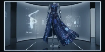 Futuristic denim fabric with subtle tech integration, draped on a mannequin in a modern store.
