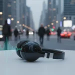 Futuristic noise-cancelling headphones on white table with city background