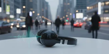 Futuristic noise-cancelling headphones on white table with city background