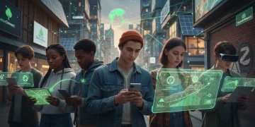 Gen Z individuals interacting with technology, surrounded by ethical brand imagery