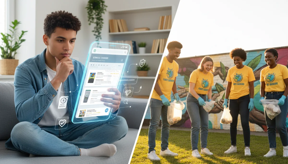 Young person researching ethical products and engaging in social causes