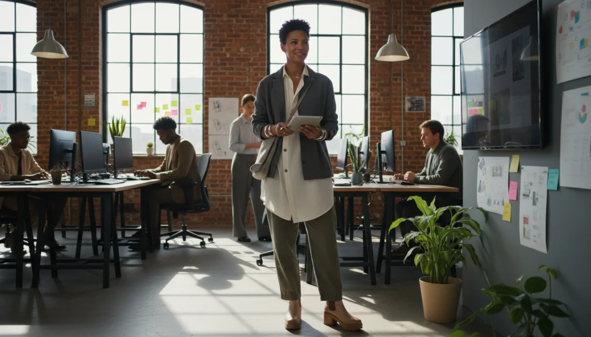 Gender-neutral and adaptable professional clothing in a creative workspace