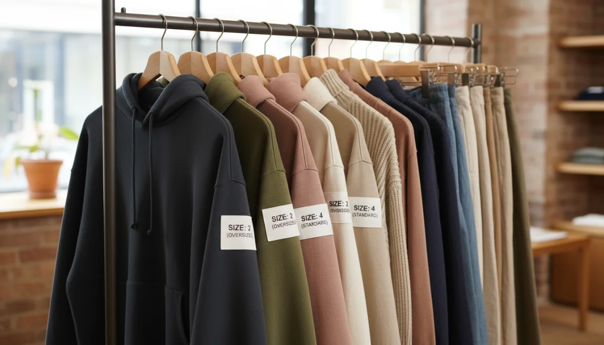 Clothing rack displaying various gender-neutral garments with minimalist labels.