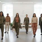 Diverse models in contemporary gender-neutral fashion within a modern retail setting.