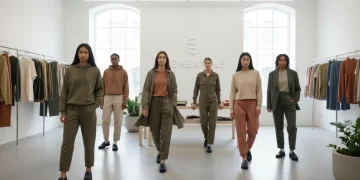 Diverse models in contemporary gender-neutral fashion within a modern retail setting.