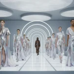 Gender-neutral fashion models on a futuristic runway