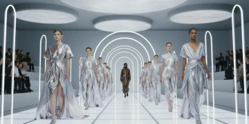 Gender-neutral fashion models on a futuristic runway