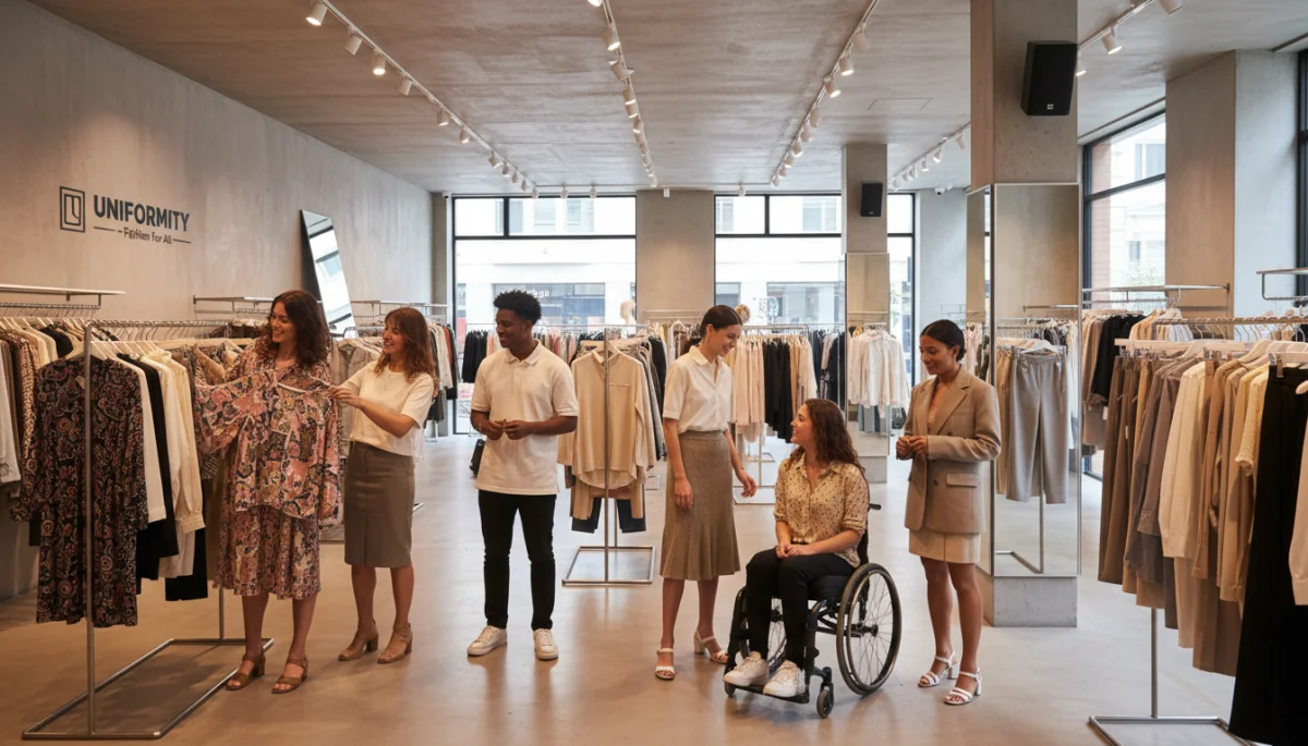 Diverse individuals shopping in gender-neutral clothing store