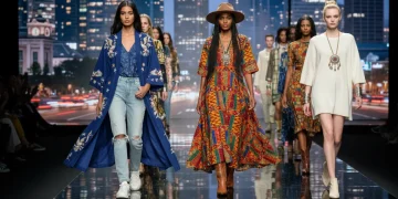 Models displaying fusion fashion, blending global and American styles on a runway.