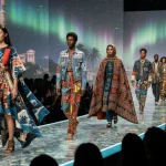 Models on a runway displaying the global-local fashion blend with diverse cultural influences and sustainable designs for 2026.