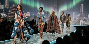 Models on a runway displaying the global-local fashion blend with diverse cultural influences and sustainable designs for 2026.