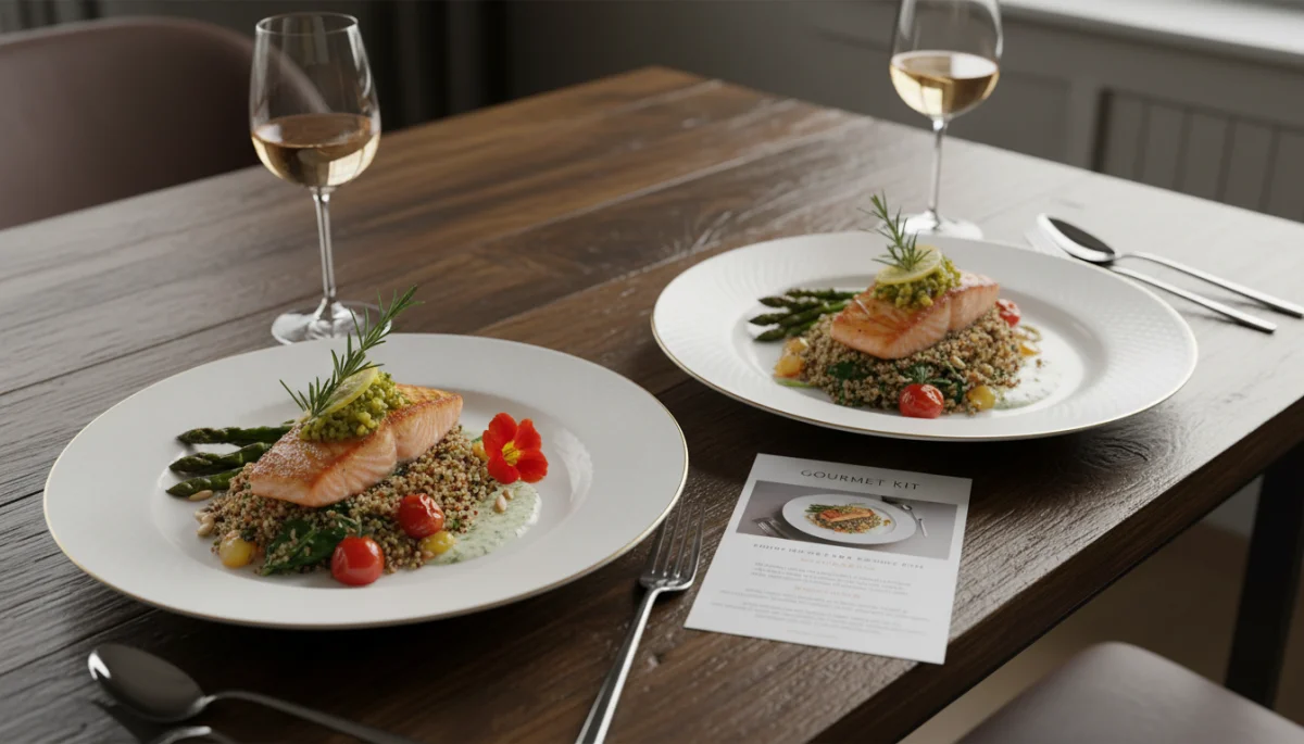 Gourmet meal prepared from a meal kit, elegantly plated