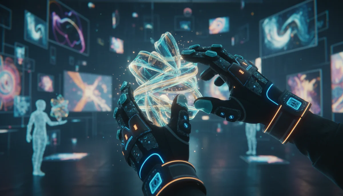 Person using haptic feedback gloves in a detailed virtual reality simulation.