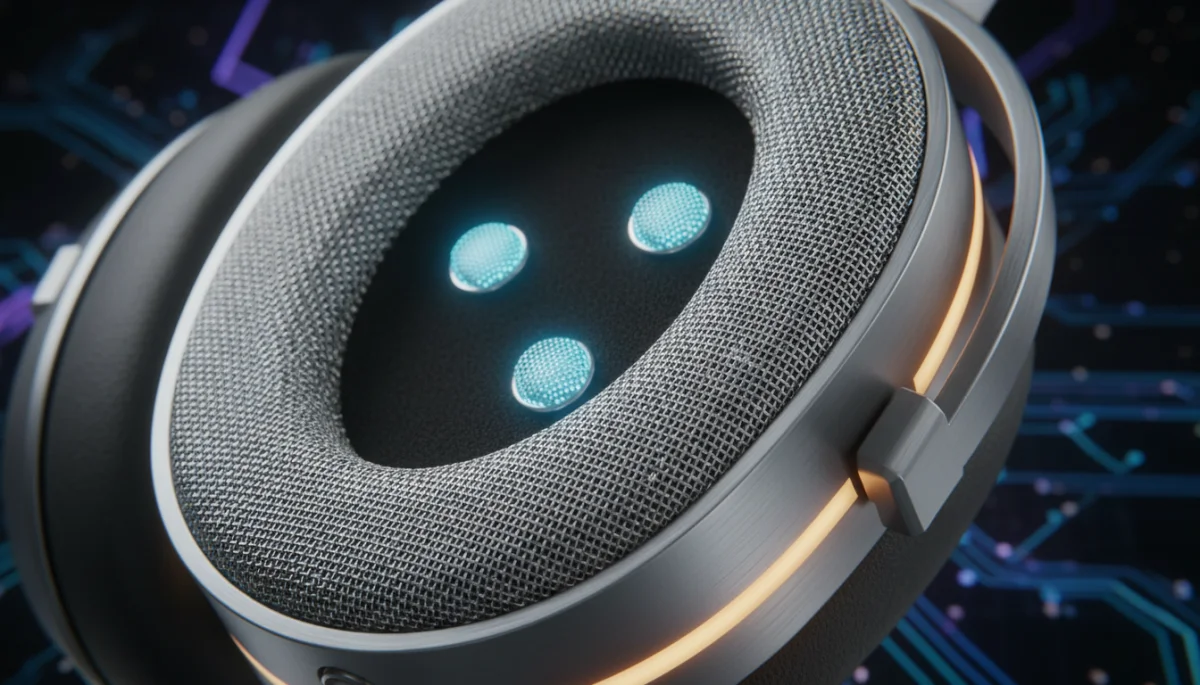 Close-up of advanced noise-cancelling headphone earcup technology