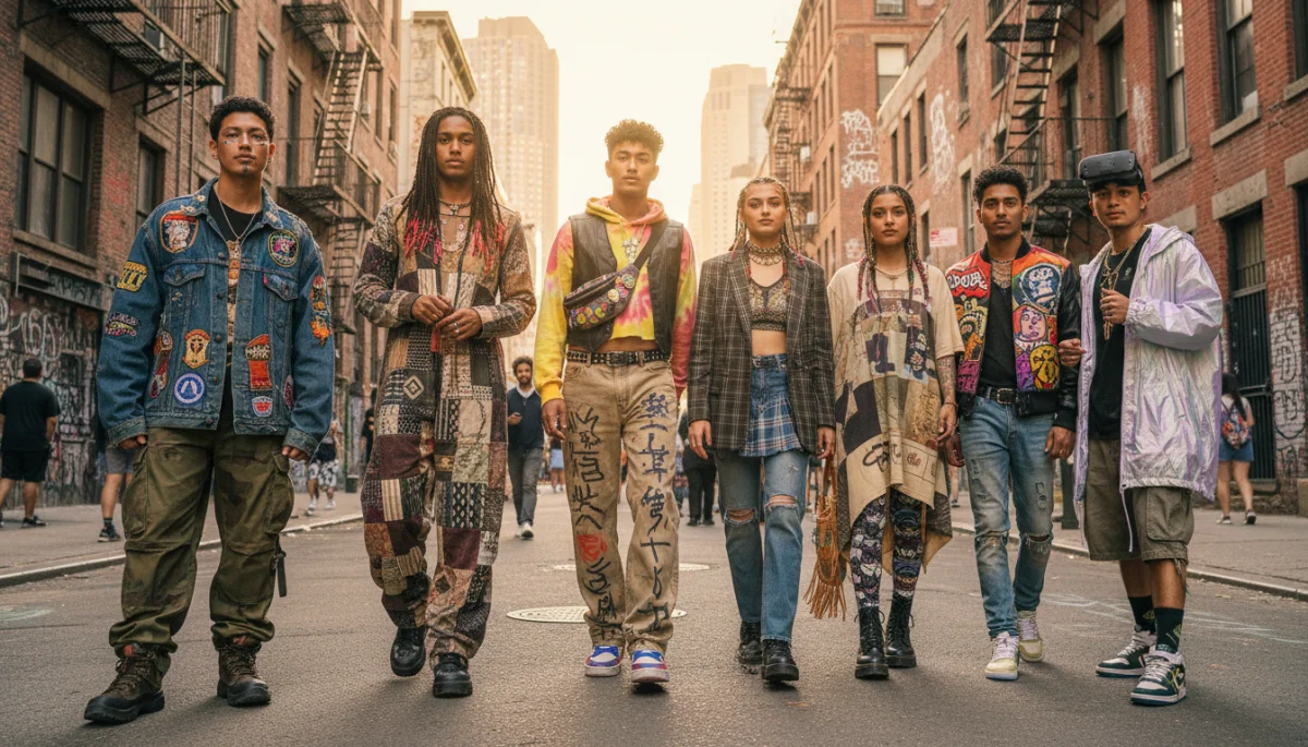 Gen Z individuals in urban setting, showcasing diverse American fashion through gender-fluid and personalized styles.