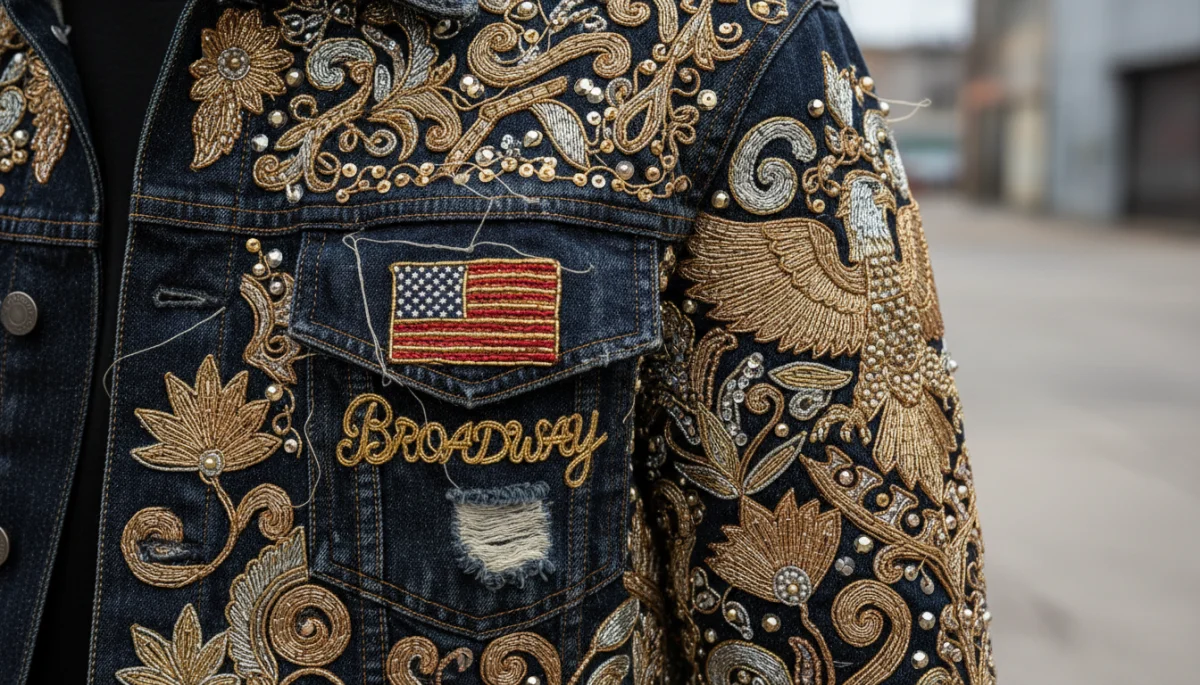 Intricate Zardozi embroidery on modern denim streetwear, showcasing cultural fusion.