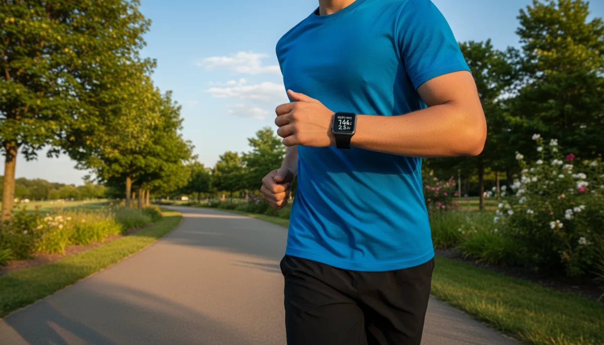 Person jogging with an affordable fitness tracking smartwatch, displaying heart rate data.