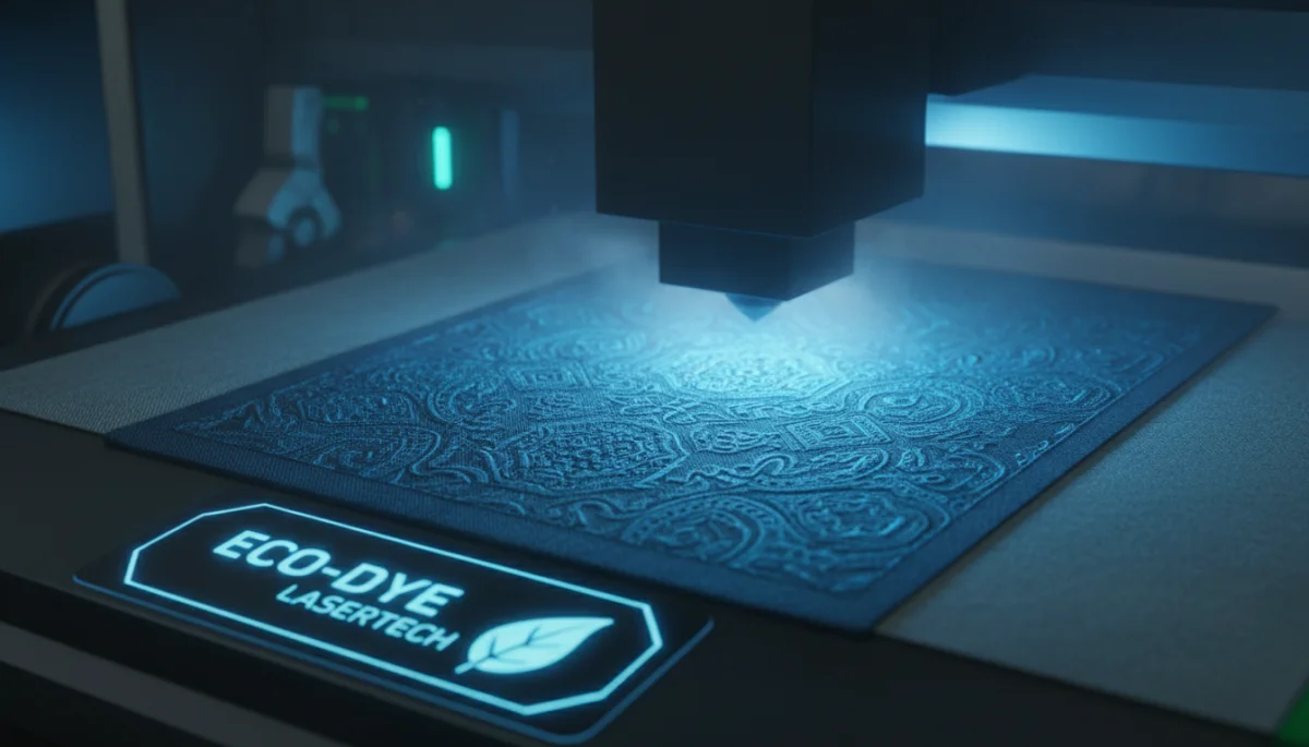 Close-up of denim being laser-dyed with water-saving technology, showing eco-friendly process.