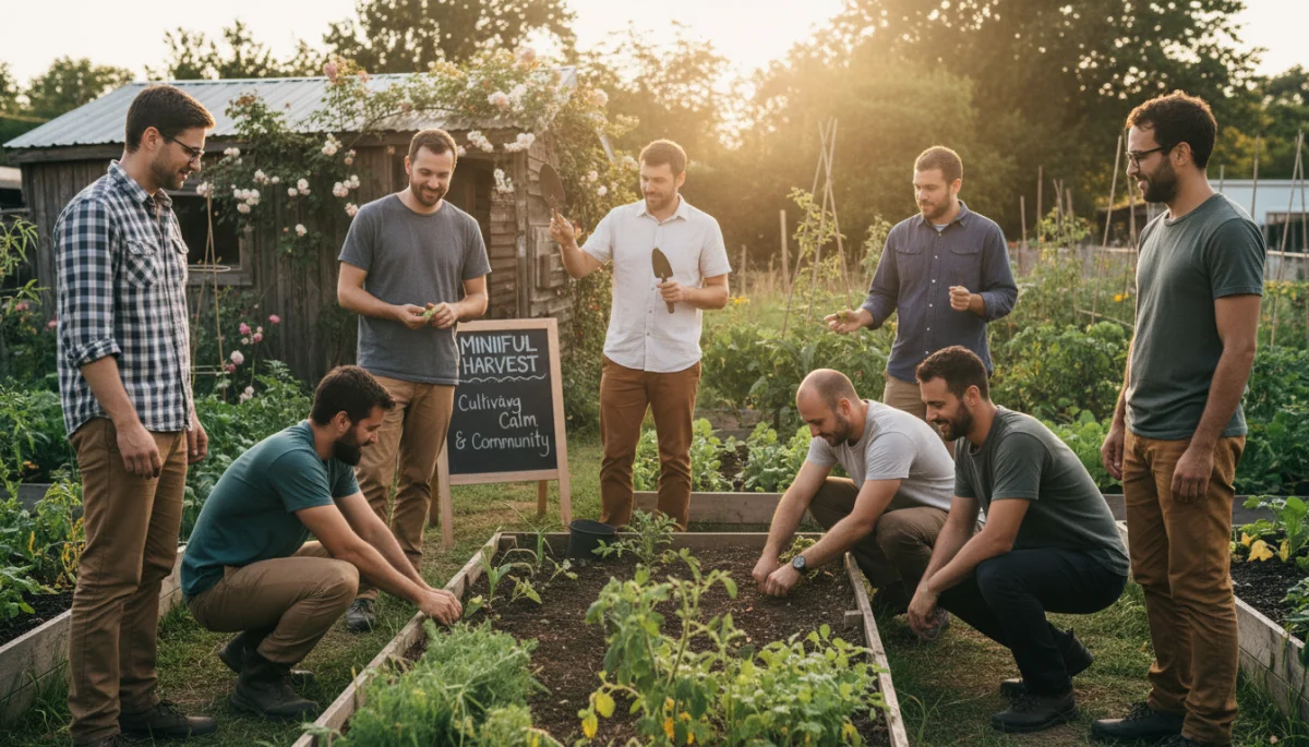 Men participating in mindfulness and community activities, highlighting well-being