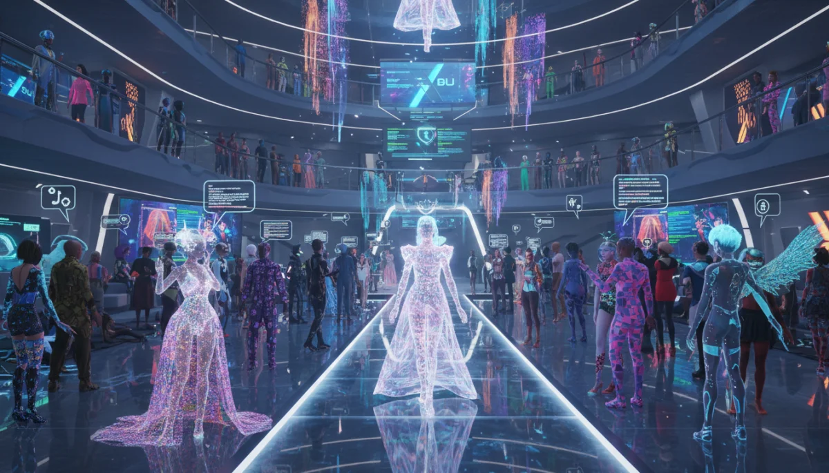 Digital avatars at a metaverse fashion event showcasing virtual wearables