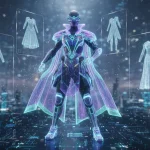 Futuristic avatar showcasing digital fashion in a vibrant metaverse scene