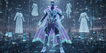 Futuristic avatar showcasing digital fashion in a vibrant metaverse scene
