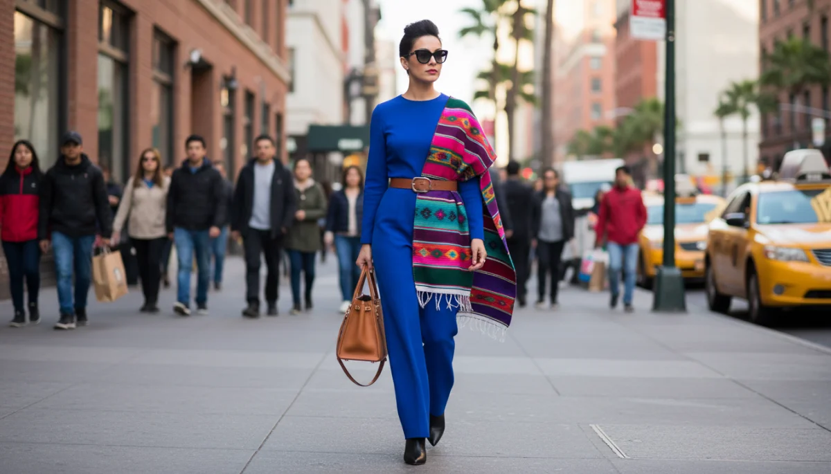 Fashionista blending Mexican rebozo with minimalist American jumpsuit.