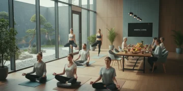 People practicing mindfulness and wellness activities in a modern setting