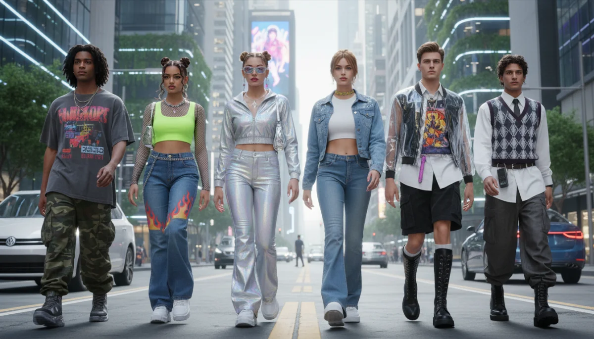 Young adults in 2026 sporting 90s and Y2K inspired fashion on a city street