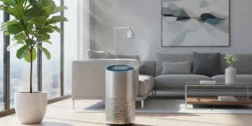 Modern air purifier in a US living room, promoting clean indoor air