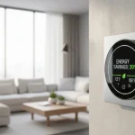 Modern smart thermostat displaying energy savings in a stylish home