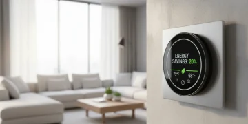 Modern smart thermostat displaying energy savings in a stylish home
