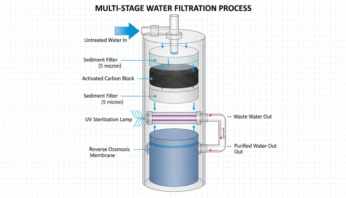 Detailed diagram of multi-stage water filter showing purification layers and water flow.