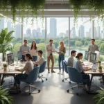New American Dream 2026: 5 Cultural Shifts Defining Success Diverse young adults collaborating in a modern, green workspace, embodying the new American dream of purpose and well-being.